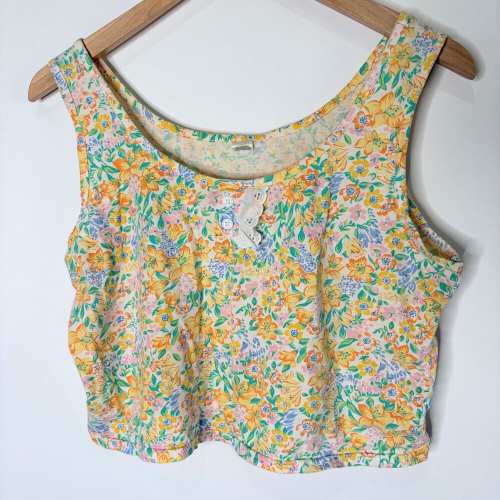 Vintage Crop Tank Top Floral Summer Cottagecore Yellow Green Sleeveless Women L